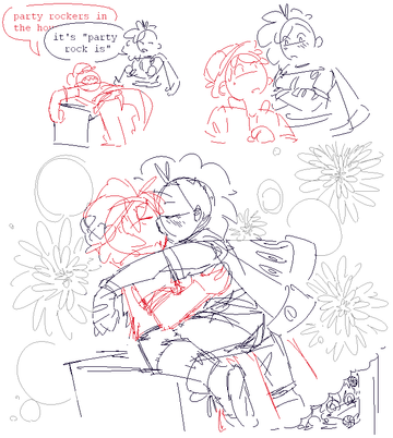 A sketched out 3-panel comic featuring Crimson and Dani.

Panel 1: Crimson, lying with his back on something, says "party rockers in the house". Dani responds with folded arms, "it's "party rock is"."
Panel 2: Crimson and Dani look at each other, blushing.
Panel 3: Crimson and Dani kiss passionately, fireworks in the background, with a little Peppermint imagining all this in the corner.